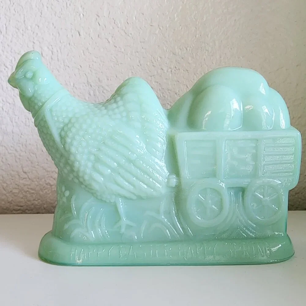 Hallmark Jadeite Jadite Chicken Pulling Easter Eggs Green Glass Jade ite Vintage